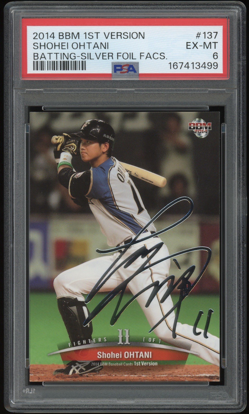 PSA 6 Shohei Ohtani 2014 BBM 1st Version #137 Batting Silver Foil Facsimile Auto