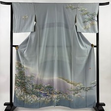 JAPANESE KIMONO HOMONGI BLUE-GRAY 163.5cm 5 ft 4 in PURE SILK B2179