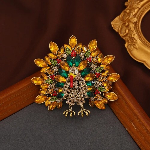 Vintage Retro Yellow Crystal Thanksgiving Turkey Roast Brooch Pin Jewelry Gift