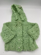 Vintage Mint Green Handmade Infant Crochet Hooded Sweater Cardigan 3-6 months