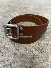 Polo Ralph Lauren brown tanned leather silver logo frame double prong belt 32