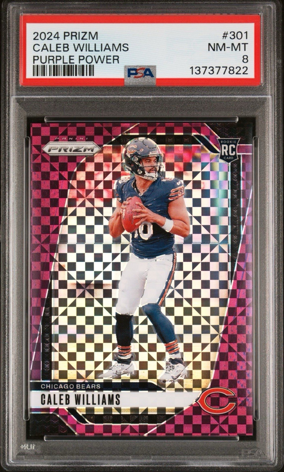 2024 Panini Prizm #301 Caleb Williams Purple Power Prizm #03/49 (RC) PSA 8