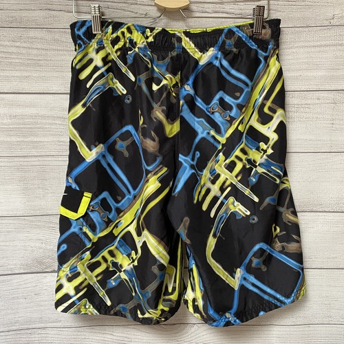 Nike Mens Swim Trunks Size Small S Black Neon Blue Green Mesh Lined - Picture 2 of 6