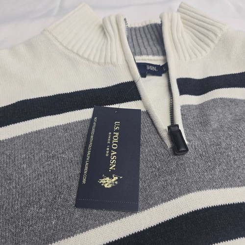 Us Polo Assn Men's Large Ivory Black 1/4 Quarter Zip Cotton Sweater Pullover - Picture 3 of 19