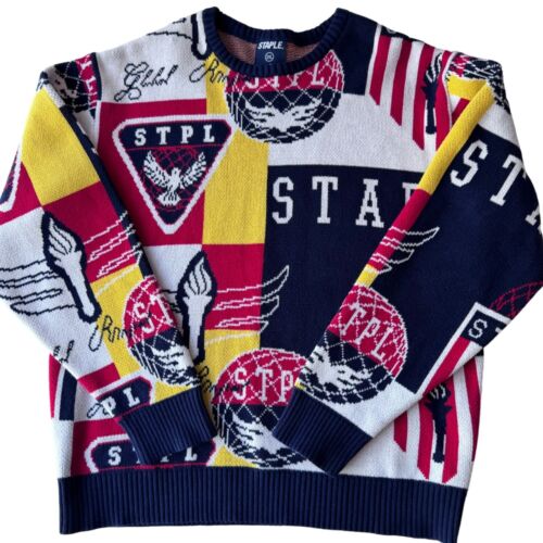 Jeff Staple Pigeon Sweater Sweatshirt 2XL Pullover Navy Red Multicolor Graphic - Picture 1 of 15