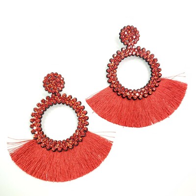 E0412 Red Color Thread Wide Tassel Red Rhinestones Drop Dangle Post Earrings
