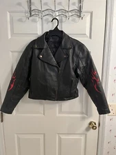 USA Bikers Dream Apparel Womens Black Leather Jacket W / Flames