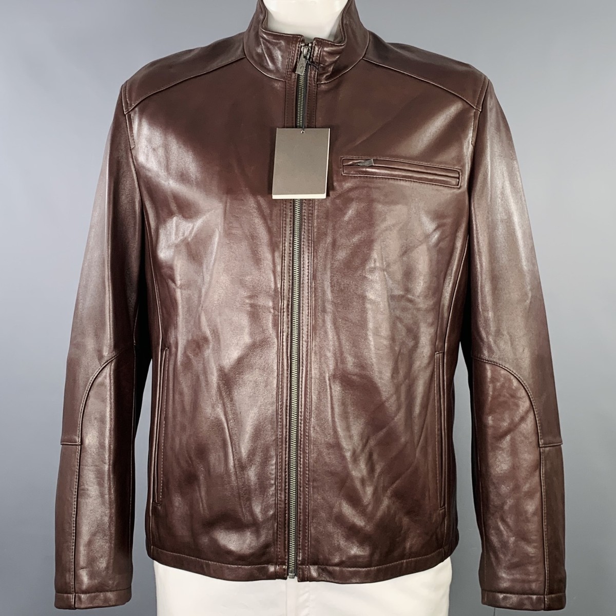 COLE HAAN Size XL Brown Lambskin Leather Zip Up Jacket