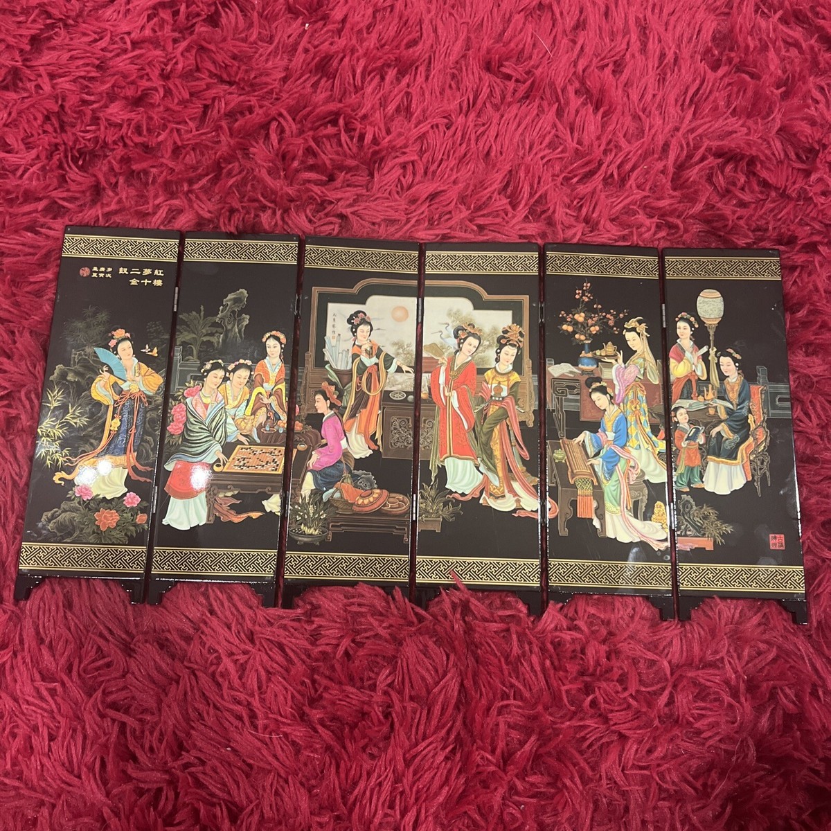 NIB Vtg 6 Panel Antique Chinese Style Table Top Screen Divide Wood