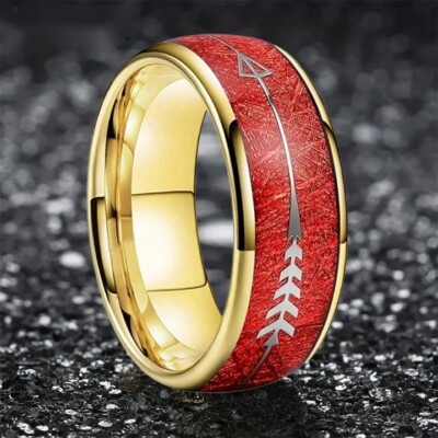 8MM Unique Red Meteorite Inlay Silver Arrow Tungsten Carbide Ring Band Dome Ring
