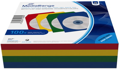 100 Mediarange Papiertaschen mit Fenster für je 1 BD / CD / DVD farbig