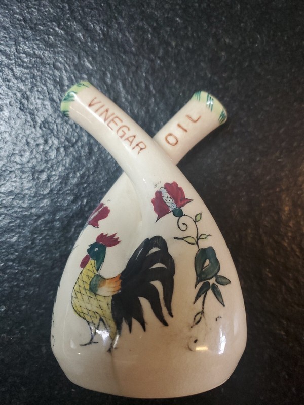 Vintage Ceramic Double Neck Rooster Oil Vinegar Cruets Bottles Cork Stoppers
