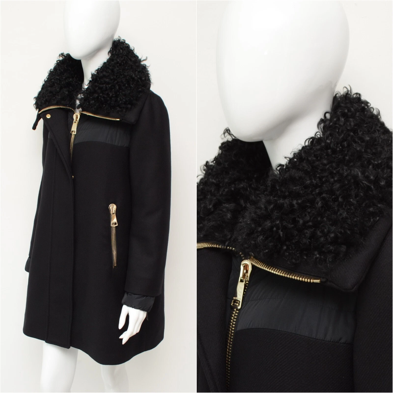 Autentico piumino donna Moncler Calipso nero lana cappotto orlo pelliccia taglia 2 ~M