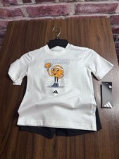 adidas Boys 2 Piece Graphic Print Set White T-Shirt Black Shorts Size 4