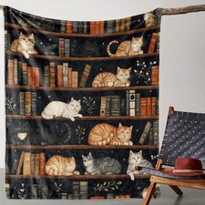 Vintage Bookshelf Cat Print Flannel Blanket - Soft Cozy All-Season Throw with T