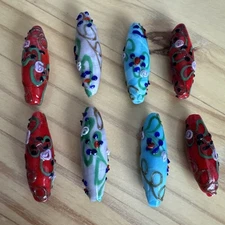 8 MIXED COLOR W/ PINK FLOWER BUMPY  OVAL LAMPWORK GLASS BEADS  Approx 46mm