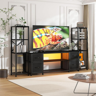 LED TV Stand Bookshelf Combo with Charging Station for 65 60 55 Inch TV, Enterta