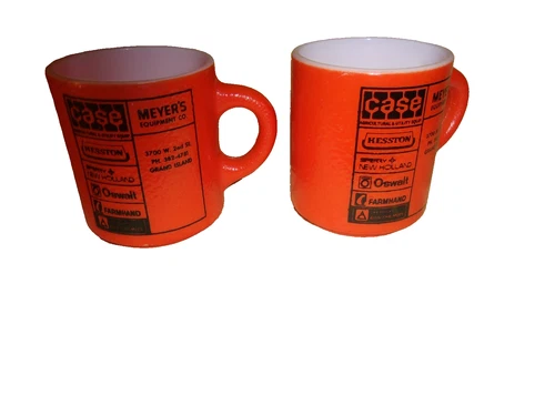 2 Vintage Orange Milk Glass Mugs CASE HESSTON NEW HOLLAND OSWALT Meyer 's Equip.
