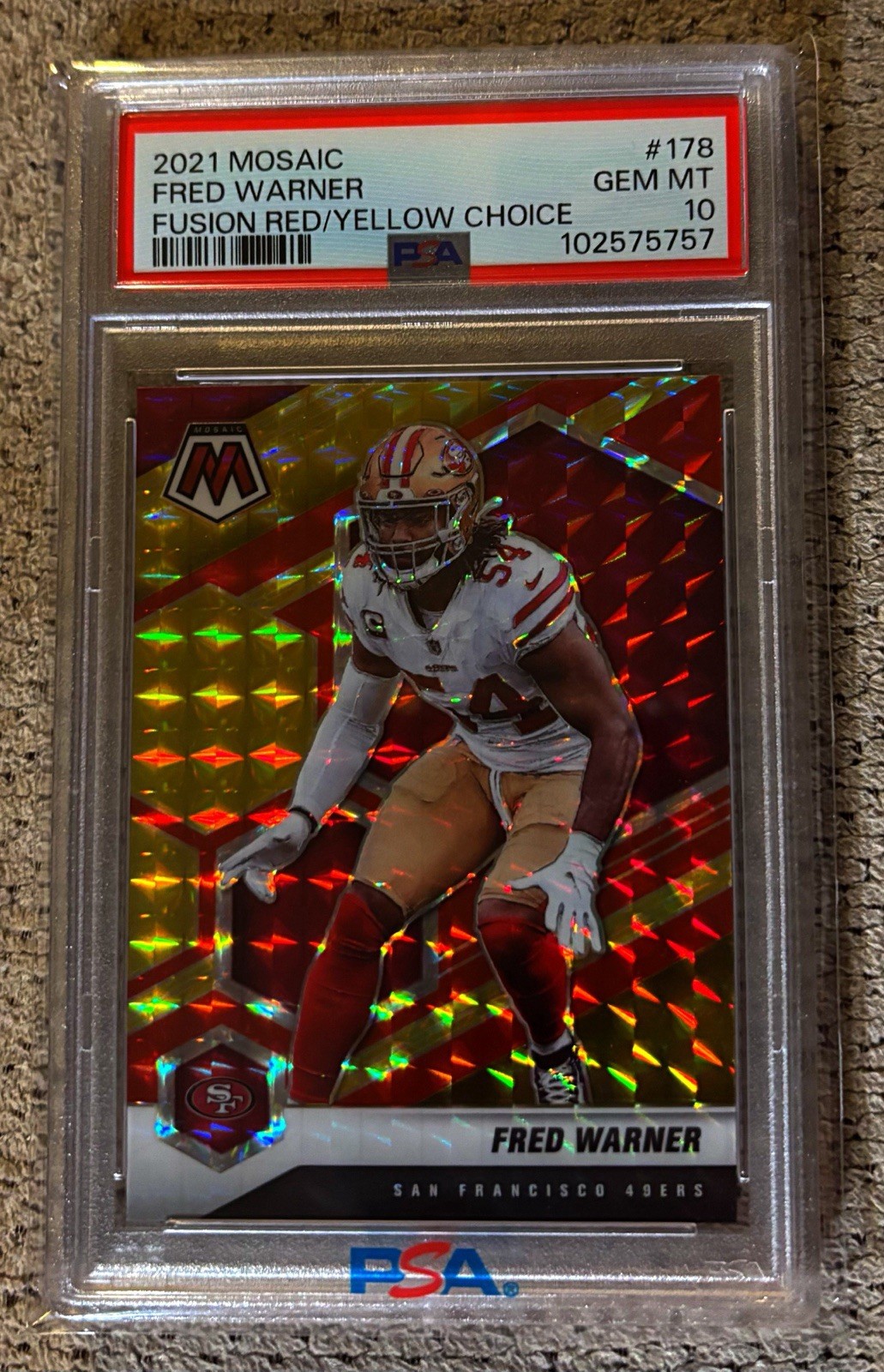 2021 Panini Mosaic Fred Warner Red Yellow Prizm /80 PSA 10 ! Color Match 49ers