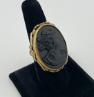 Victorian Style Jet Black Onyx Cameo Ring Floral Brass Bezel Size 6.5 Adjustable — photo 4