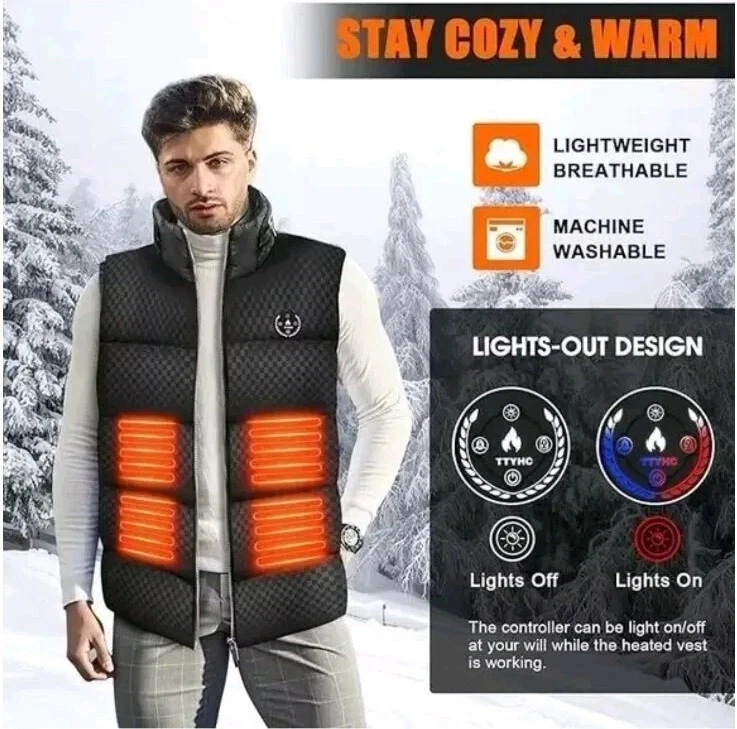 Men’s Heated Puffer Vest Large USB Rechargeable Warm Winter Jacket L - READ