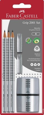 FABER-CASTELL 117098 - Schreibset GRIP 2001, Inhalt: 3 Bleistifte, 2 Radierer,