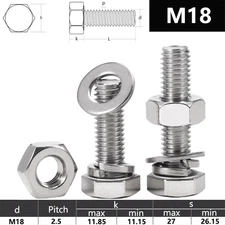 M18 HEX HEAD BOLTS HEXAGON BOLT+HEX NUTS+WASHERS A4 MARINE GRADE STAINLESS STEEL
