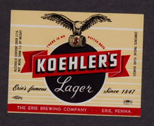 KOEHLER'S LAGER Beer 12 oz. Label Erie Brewing PA ~ Alcoholic Content Variation