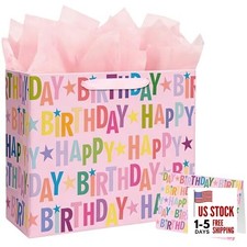 13" Pink Happy Birthday Gift Bag, Colorful Lettering Design with Card, Tissue
