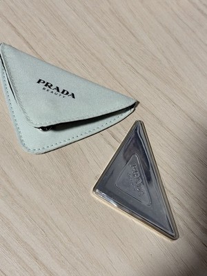 PRADA Beauty Triangle Compact Mirror w/ Pouch, Silver Metal, High Polish