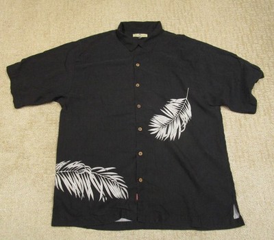 Tommy Bahama Shirt Men XL Black Silk Palm Leaves Loop Collar Button Up Hawaiian
