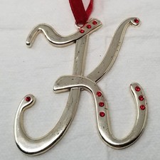 Christmas Ornament K Monogram Red Rhinestone Silver Initial Tree Hanging Decor