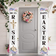 Easter Decorations Outdoor Happy Easter He is Risen Porch Sign Banner Religio...