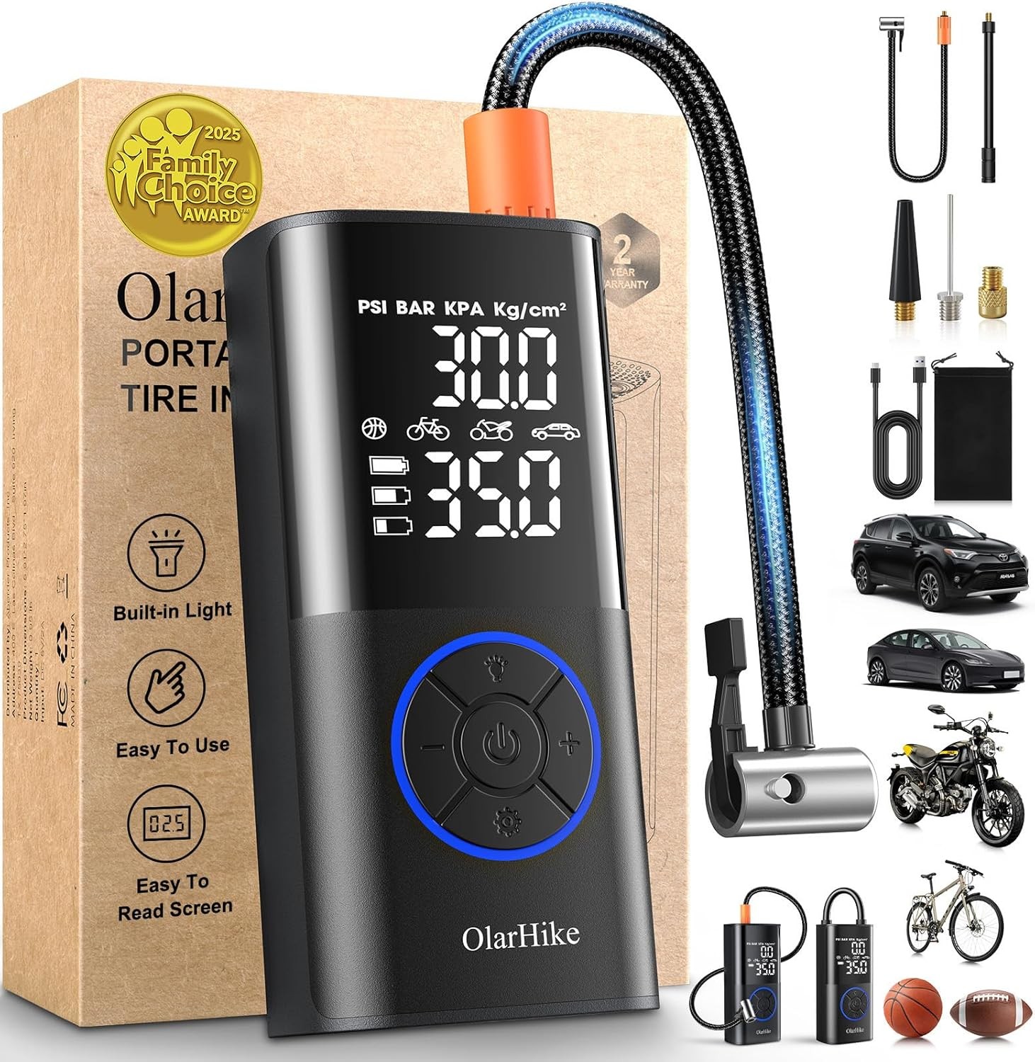 OlarHike Tire Inflator Portable Air Compressor, Smart Dual Hose System, 160PSI A