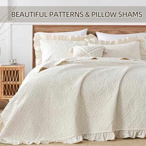 Quilt King Size Bedding Sets, Beige Ruffled Lightweight Soft Bedspread - Picture 5 of 8