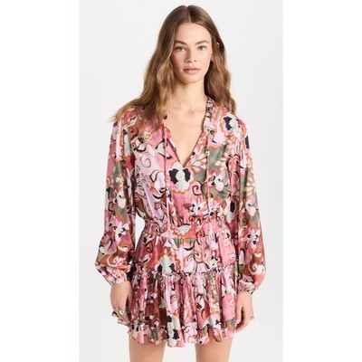 MISA LORENA BATIK PRINT COTTON BLEND MINI DRESS RUCHED WAIST RUFFLE TRIM SZ SM