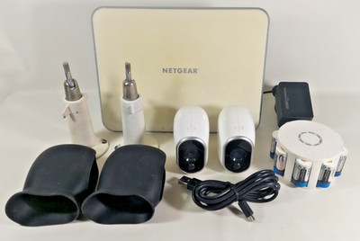 Lot of 2 Netgear Arlo VMC3030 Wireless Security Cameras with Base and batteries
