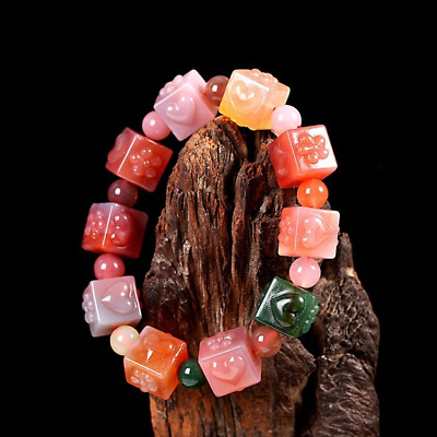 Natural Agate Jade Candy Colors Carved Flower Heart Cube Beaded Bracelet Women