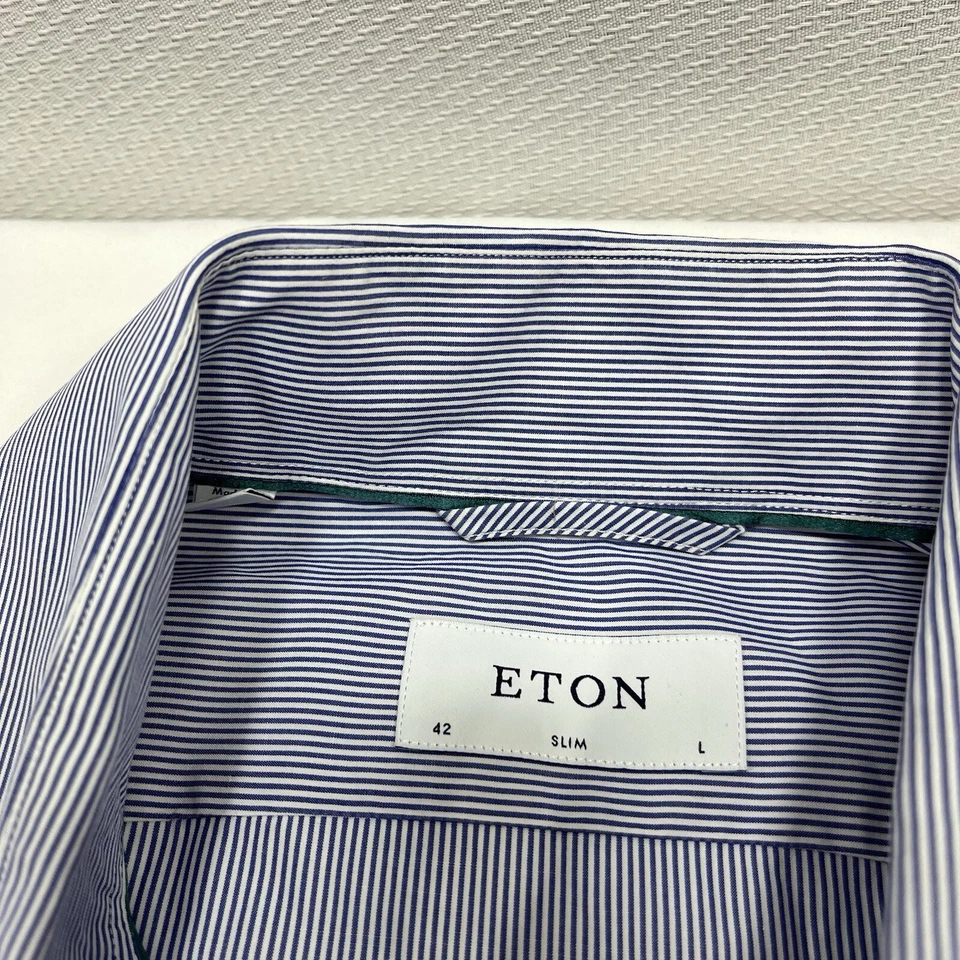 Camisa de Vestir Eton Ajustada Grande Para Hombre 42 Azul Blanco Rayas Vestido Trabajo Formal - Leer Foto 3 de 4