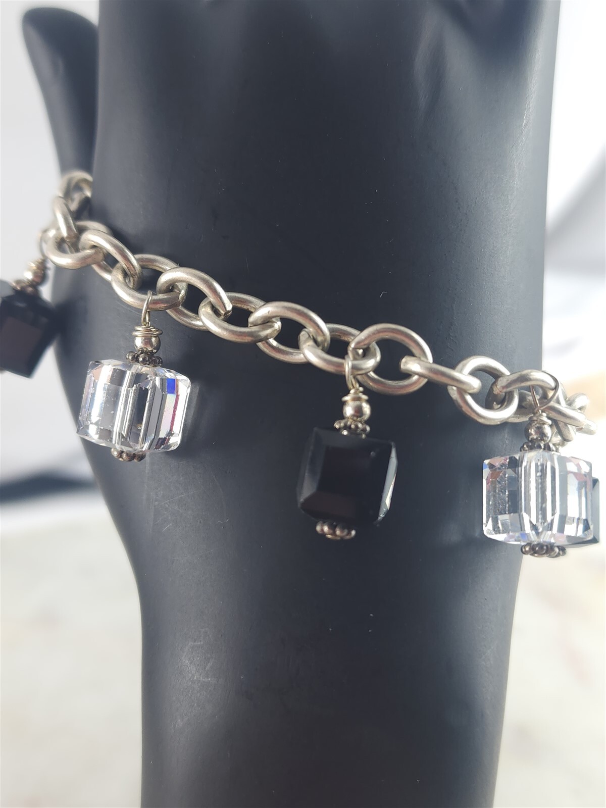 Vintage Solid Sterling Silver Large Link Cut Crys… - image 1