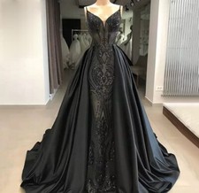 Black sequin lace Prom ball gown cocktail wedding train dress 6 8 10 12 14 16