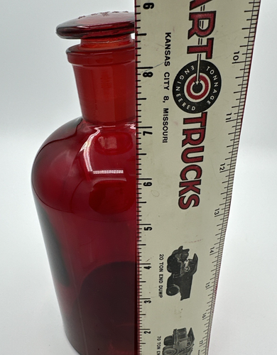 Ruby Red Glass Pyrex Bottle 7 w Stopper 29 USA 9" H 4 1/8" W No Contents Empty - Picture 5 of 11