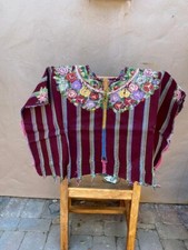Handwoven Vintage Guatemalan Folk Art, Burgundy Huipil with Floral Neckline