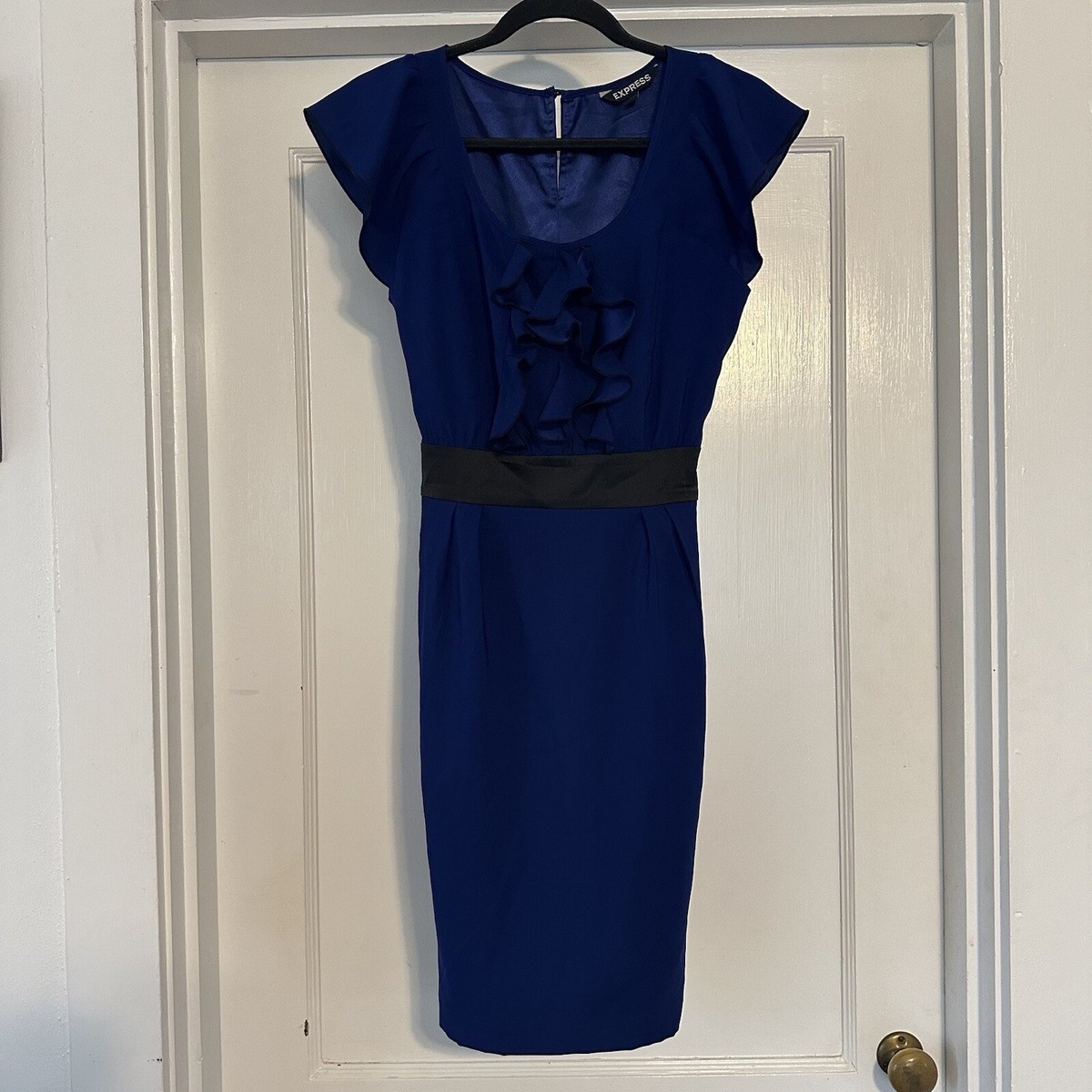 royal blue dress express Express Dress Womens 2 Royal Blue Black Back Tie Ruffle Front Round Neck