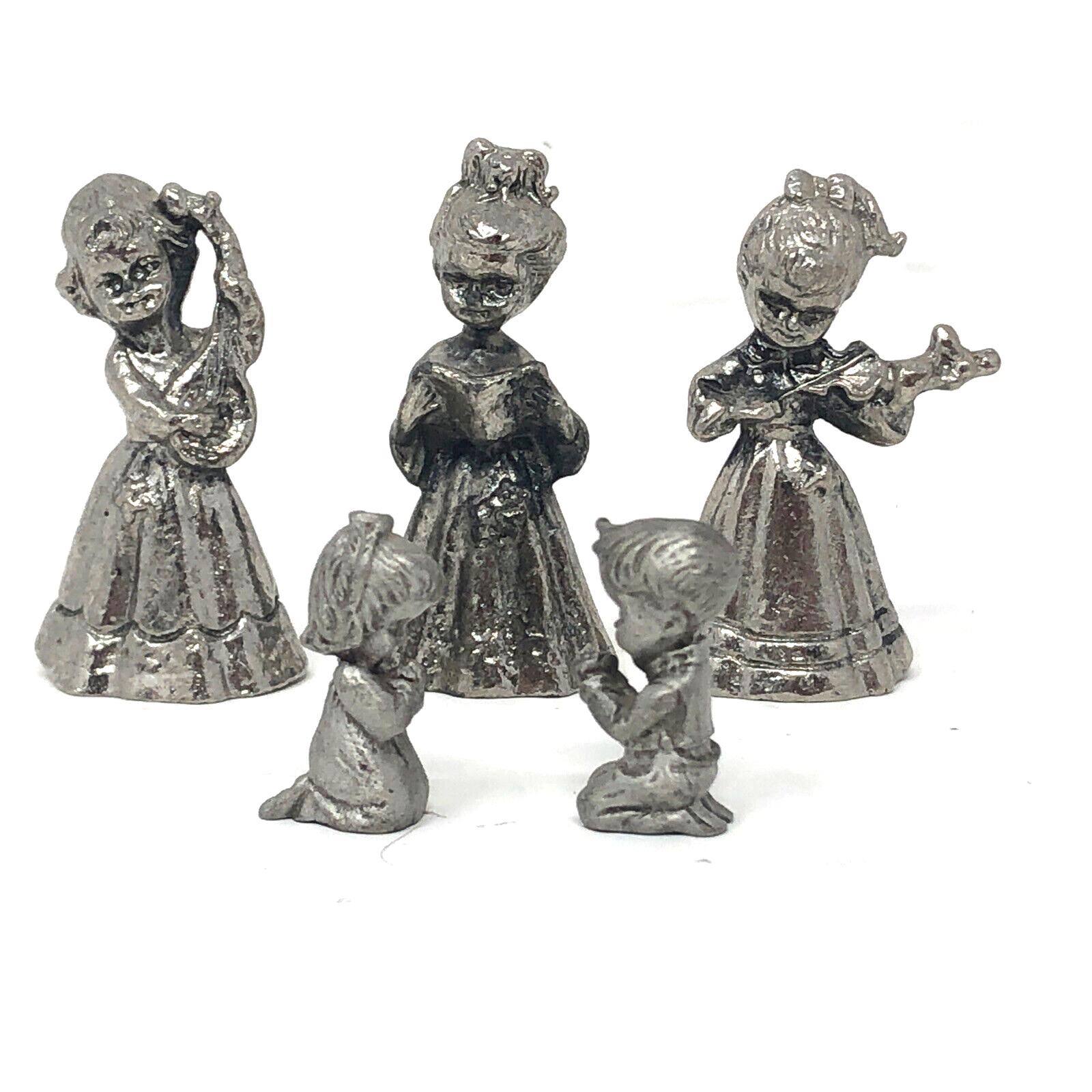 Vintage Miniature Pewter Figurines 2 Praying Children 3 Girl Musicians