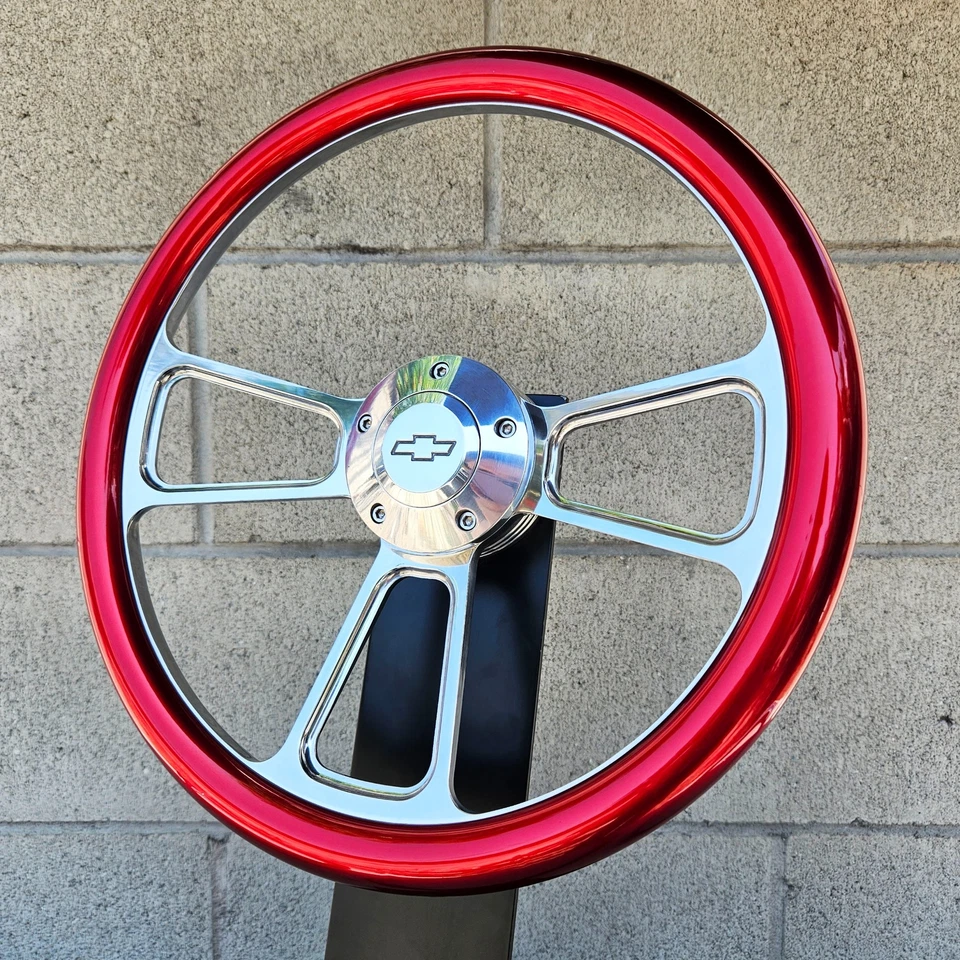 14" Billet Steering Wheel Muscle Metallic Red Half Wrap Chevy Horn Licensed - Image 2 of 4