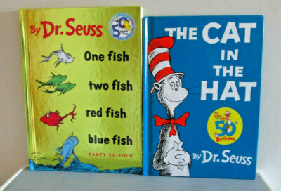 2 DR. SEUSS 50th Edition Books THE CAT in the HAT ONE FISH TWO RED BLUE 50 Years
