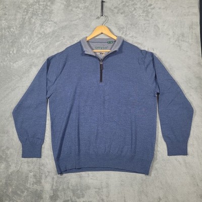 Orvis Sweater Mens XL Blue 100% Merino Wool Quarter Zip Mock Neck 