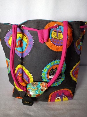 2000 Vintage Laurel Burch Large Bucket Cats Canvas Shoulder Tote Bag