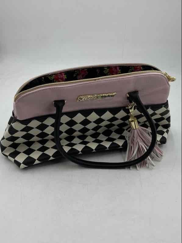 Betsey Johnson Womens Pink White Black Checkered Leather Tote Bag